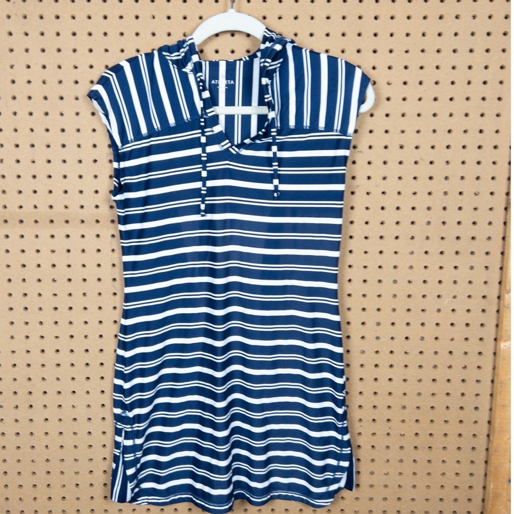 Athleta Navy White Striped Sleeveless Hooded‎ Swim Cover Up Tunic Dress XS